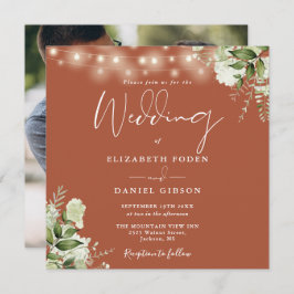 Terracotta String Ljus Blommigt Photo Bröllop Inbjudningar