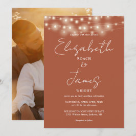 Terracotta String Ljus Chic  Script Photo Bröllop Inbjudningar