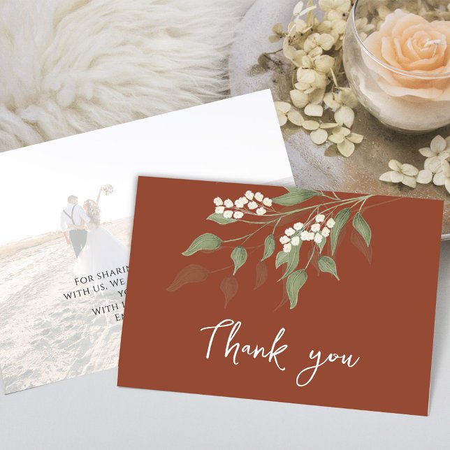 Terracotta Tack Calligraphy Blommigt Greenery Kort (Simple terracotta floral wedding thank you card with a photo template. )