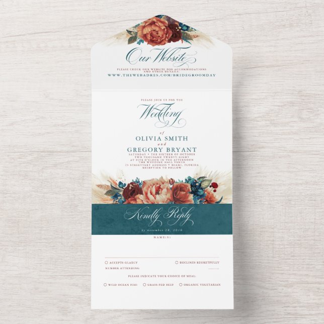 Terracotta Teal Blommigt Boho Elegant bröllop (Insida)