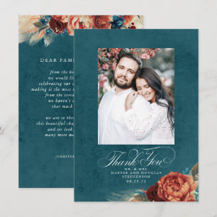 Terracotta Teal Blue Bröllop Tack Photo Kort
