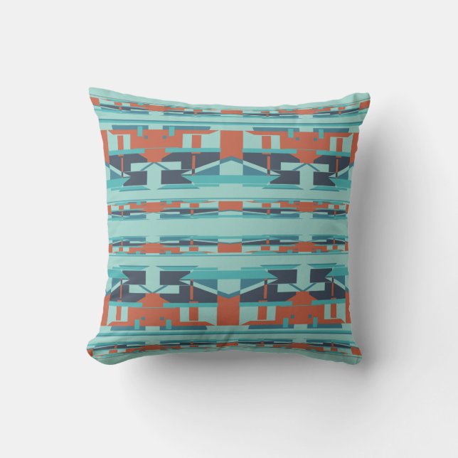 Terracotta Teal Blue-Grönt Symmetrical Rowed Motif Kudde (Framsida)
