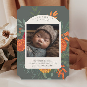 Terracotta Teal Fall Blommigt Birth Notice Inbjudningar