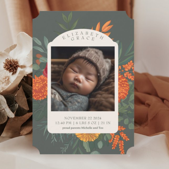 Terracotta Teal Fall Blommigt Birth Notice Inbjudningar (Skapare uppladdad)