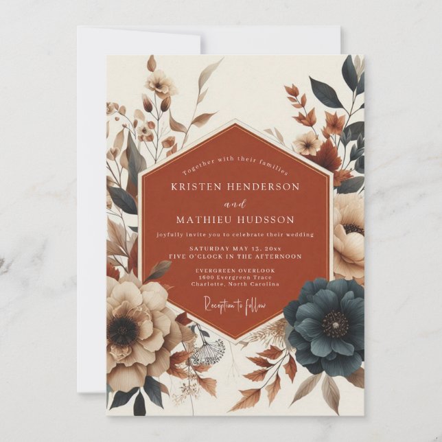 Terracotta Teal Moody Bloom Wedding Inbjudningar (Framsida)