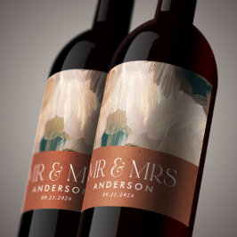 Terracotta teal Mrs. Tack bröllop painterly Vinflaska Etikett