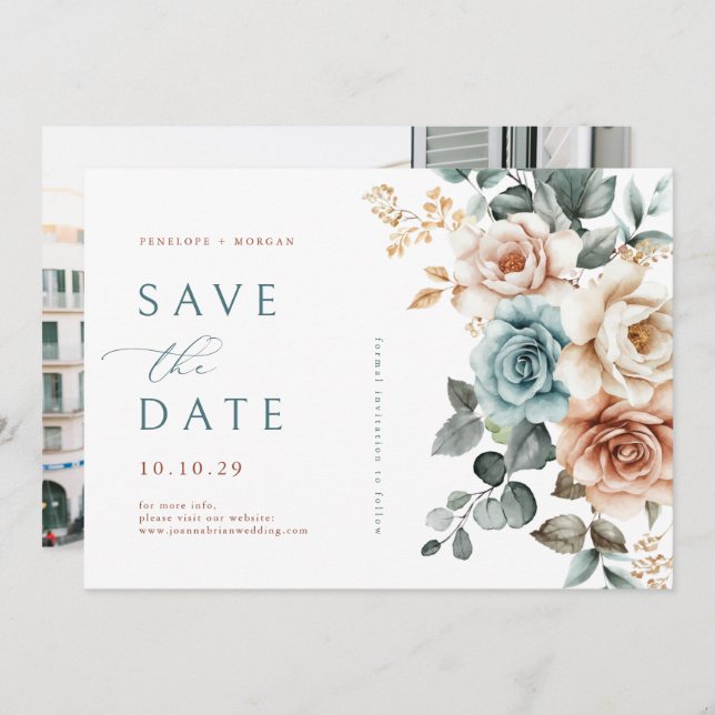 Terracotta Teal Neutralt Watercolor blommigt bröll Spara Datumet (Fram/baksida)