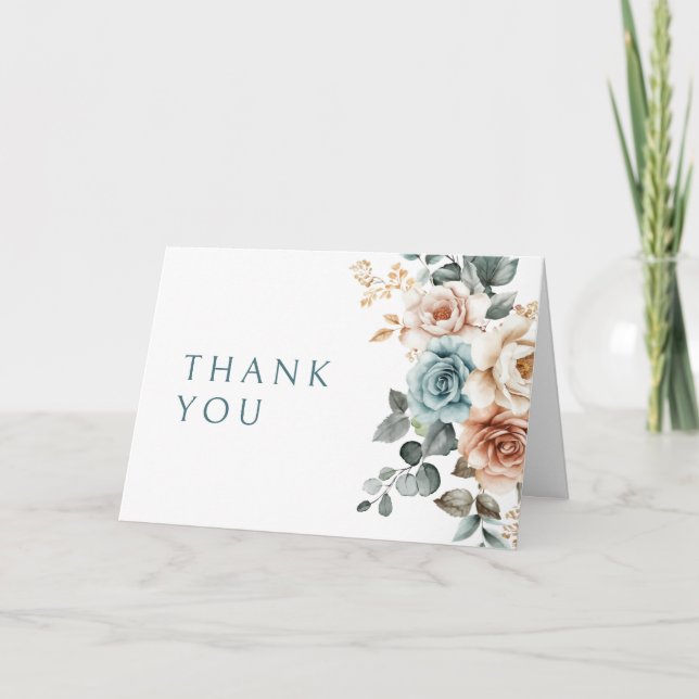 Terracotta Teal Neutralt Watercolor blommigt bröll Tack Kort (Framsida)