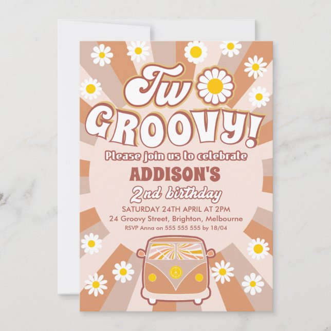 Terracotta Två Groovy Retro 2:a födelsedag Inbjudningar (Framsida)