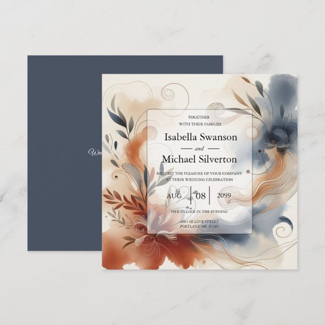 Terracotta Twilight and Navy Blooms Wedding Inbjudningar (Fram/baksida)