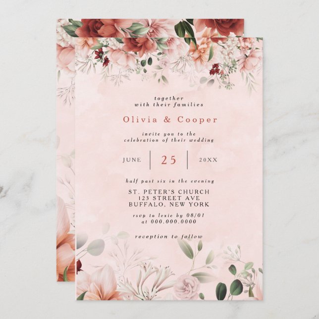 Terracotta Vår Fall Watercolor Blommigt Bröllop Inbjudningar (Fram/baksida)