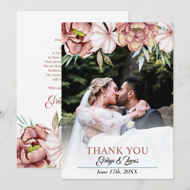 Terracotta vattenfärgsblommor blommigt faller bröl tack kort (Fram/baksida)