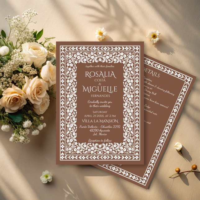 Terracotta vintage blommigt gräns bröllop inbjudningar (Terracotta vintage retro floral border elegant wedding invitation cards with rsvp editable template)