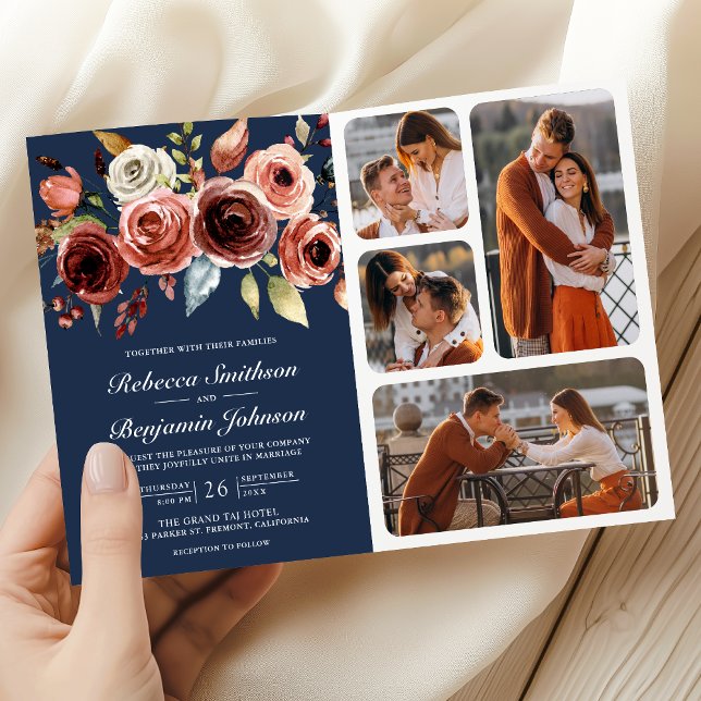 Terracotta Watercolor Floral QR Code Navy Wedding Inbjudan (Skapare uppladdad)