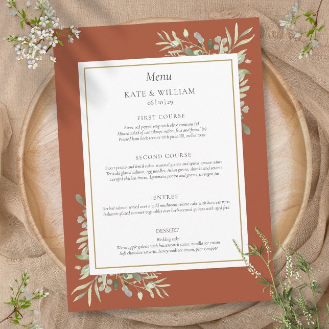 Terracotta Watercolor Greenery Bröllopsmiddagsmeny Meny (Terracotta Watercolor Greenery Wedding Dinner Menu)