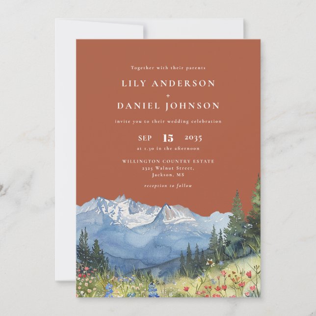 Terracotta Watercolor Mountain Wildflower Wedding Inbjudningar (Framsida)