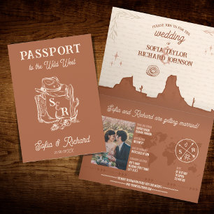 Terracotta Westernt Bröllop-destinationspass Inbjudan