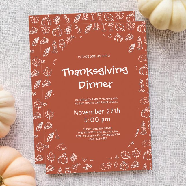 Terracotta Whimsical Hand plockade Thanksgiving Pa Inbjudningar (Terracotta Whimsical Hand Drawn Thanksgiving Party Invitation)