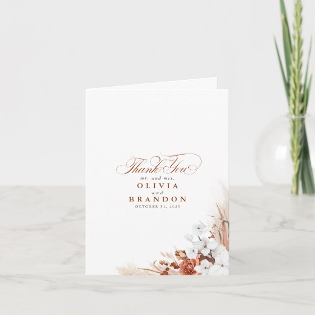 Terracotta White Blommigt Bröllop Tack Kort (Framsida)