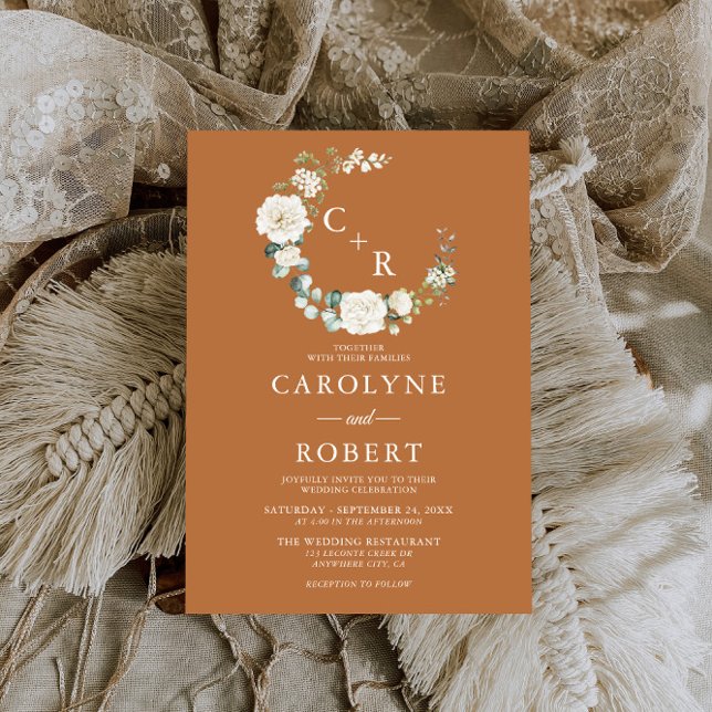 Terracotta & White Blommigt Monogram WAN Bröllop Inbjudningar (Skapare uppladdad)