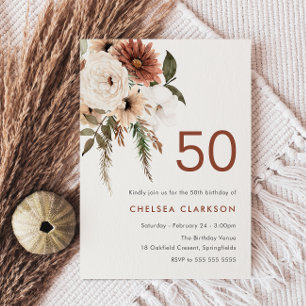 Terracotta & White Boho Blommigt 50:e Födelsedagsf Inbjudningar