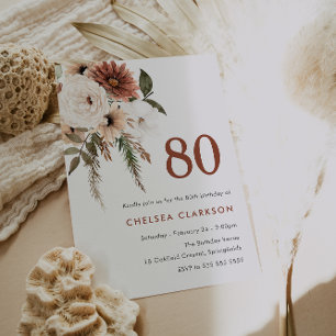 Terracotta & White Boho Blommigt 80:e Födelsedagsf Inbjudningar