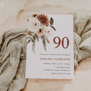 Terracotta & White Boho Blommigt 90:e Födelsedagsf Inbjudningar