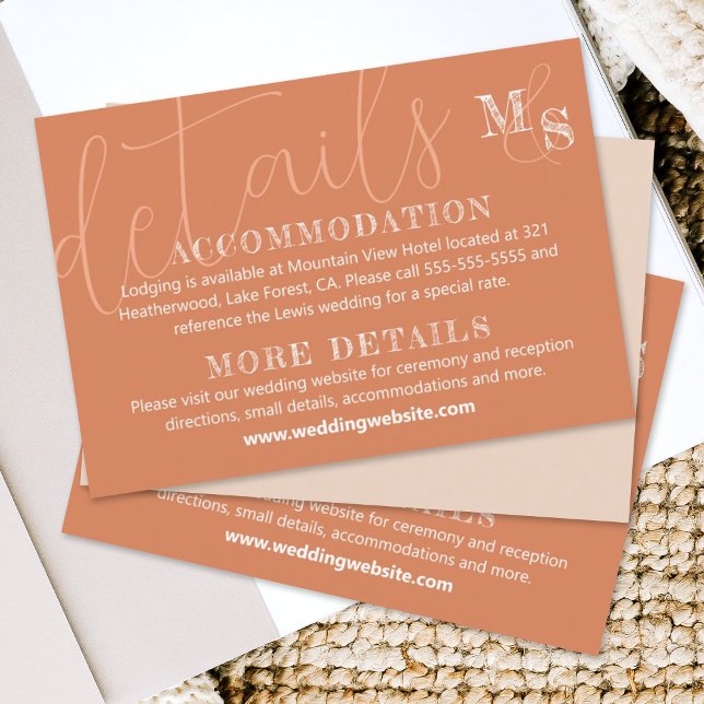 Terracotta White Calligraphy Bröllop OSA Card Tilläggskort (natural sienna beige terracotta rust wedding details enclosure card elegant script calligraphy)