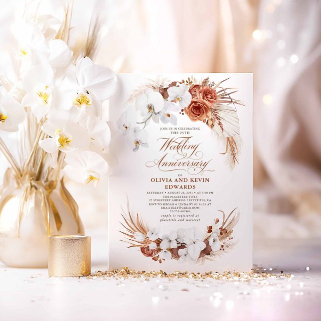 Terracotta White Flower Boho Bröllop-årsdagen Inbjudningar (White Orchids Terracotta Wedding Anniversary Invitations)