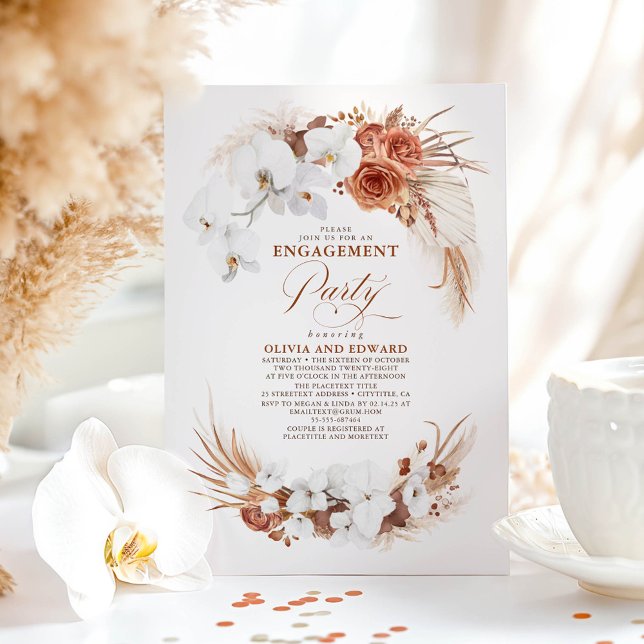Terracotta White Flower Boho Chic Förlovningsfest Inbjudningar (Floral Boho Terracotta Engagement Party Invitations)