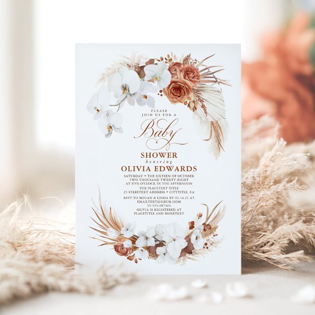 Terracotta White Flowers Boho Chic Baby Shower Inbjudningar (Floral Baby Shower Invitation)