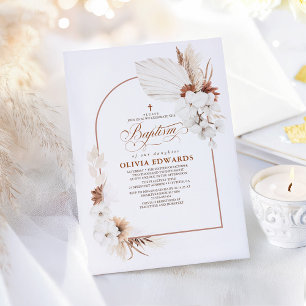 Terracotta White Flowers Boho Chic Baptism Inbjudningar