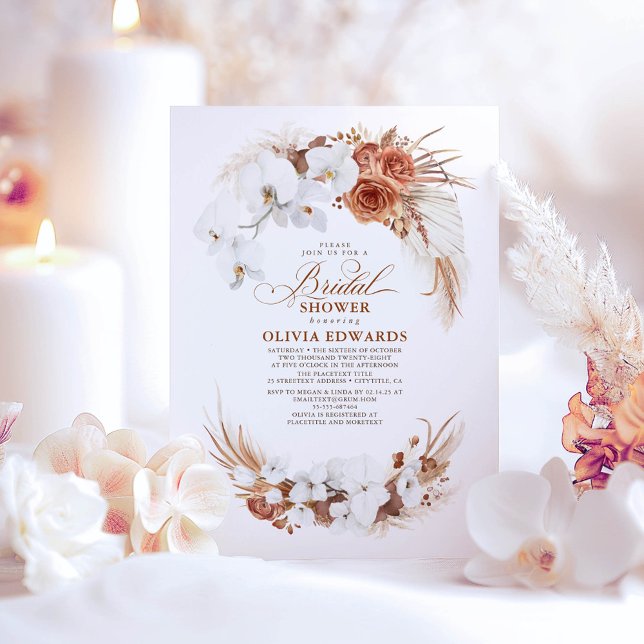 Terracotta White Flowers Boho Chic Möhippa Inbjudningar (Boho Terracotta Bridal Shower Invitations)