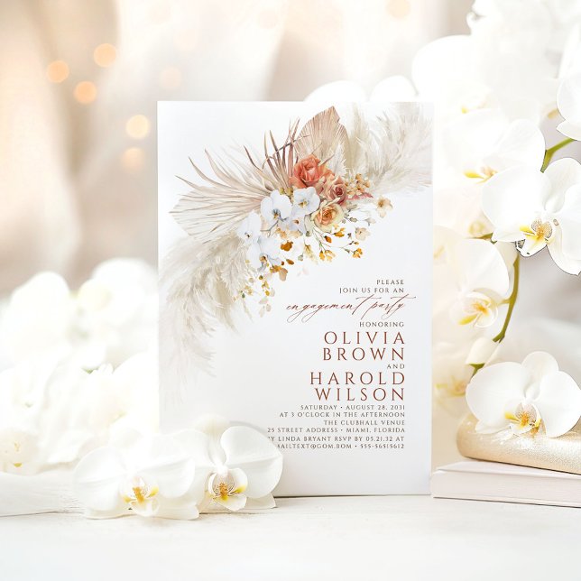 Terracotta White Flowers Boho Förlovningsfest Inbjudningar (White Orchids Terracotta Engagement Party Invitations)