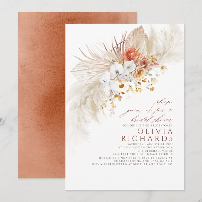 Terracotta White Flowers Boho Möhippa Inbjudningar (Fram/baksida)
