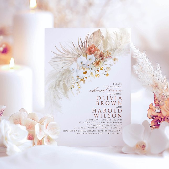 Terracotta White Flowers Boho Rehearsal Dinner Inbjudningar (Terracotta Floral Boho Rehearsal Dinner Invitations)