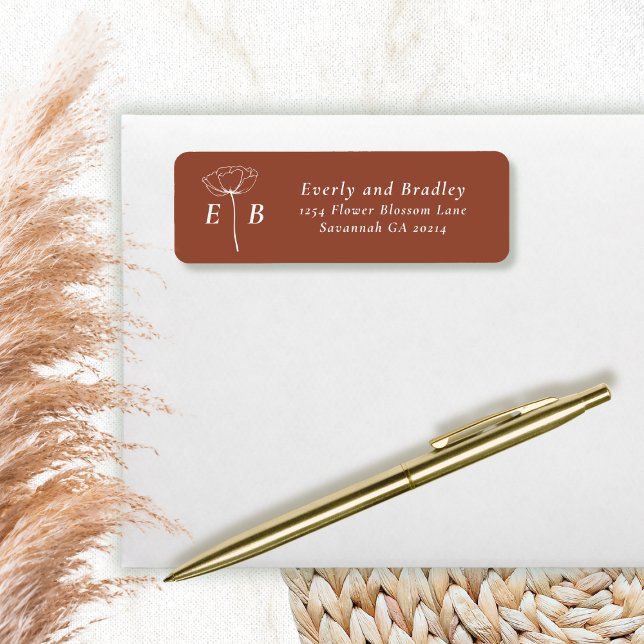 Terracotta White Monogram Floral Accent Address Returadress Etikett (Skapare uppladdad)