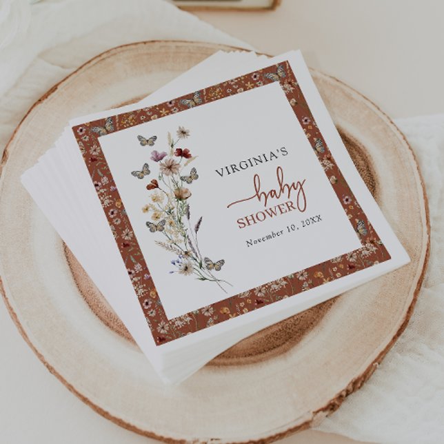 Terracotta WildblomBaby Shower Pappersservett (Terracotta Wildflower Baby Shower Napkins with Butterflies by Painted Paperie
)