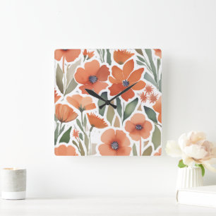 Terracotta Wildblomma Rustic Boho Wall Accent Fyrkantig Klocka