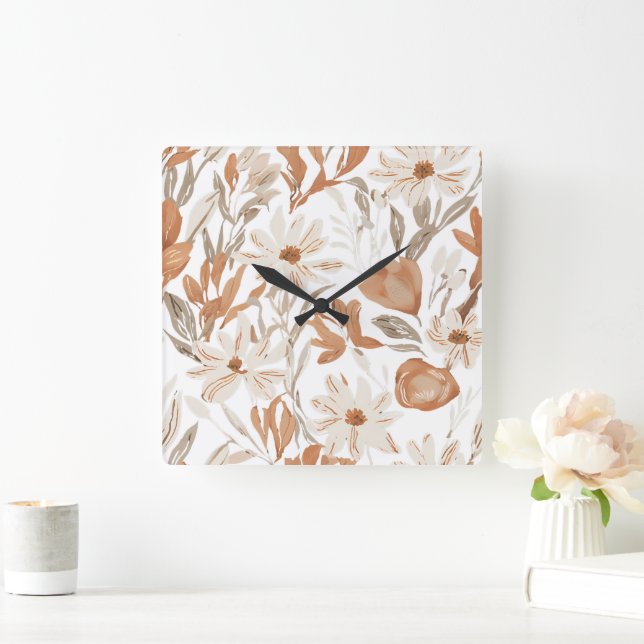 Terracotta Wildblomma Rustic Boho Wall Accent Fyrkantig Klocka (Hem)