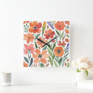 Terracotta Wildblomma Rustic Boho Wall Accent Fyrkantig Klocka