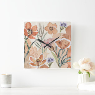 Terracotta Wildblomma Rustic Boho Wall Accent Fyrkantig Klocka