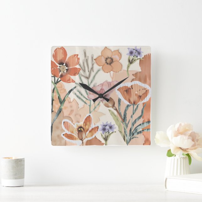 Terracotta Wildblomma Rustic Boho Wall Accent Fyrkantig Klocka (Hem)