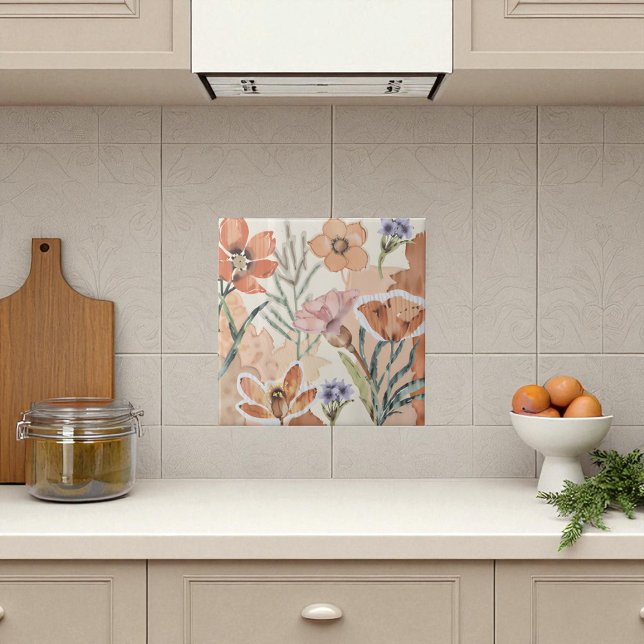 Terracotta Wildblomma Rustic Boho Wall Accent Kakelplatta (Terracotta Wildflower Rustic Boho Wall Accent Ceramic Tile)