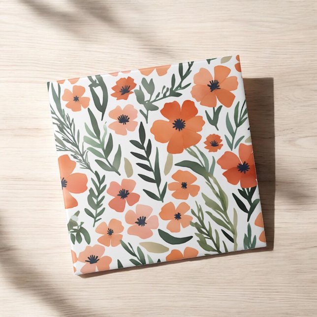 Terracotta Wildblomma Rustic Boho Wall Accent Kakelplatta (Skapare uppladdad)