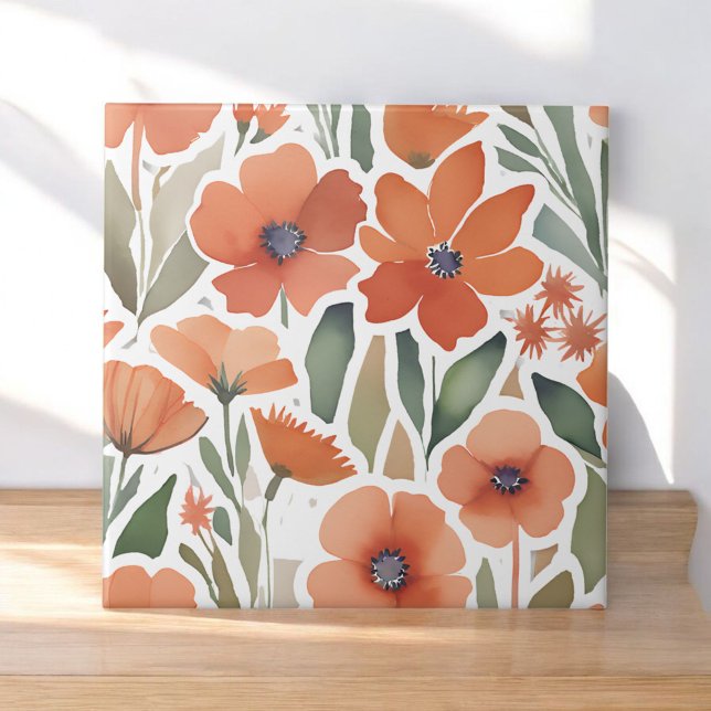 Terracotta Wildblomma Rustic Boho Wall Accent Kakelplatta (Skapare uppladdad)