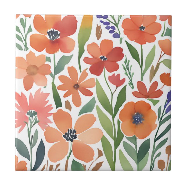 Terracotta Wildblomma Rustic Boho Wall Accent Kakelplatta (Framsidan)