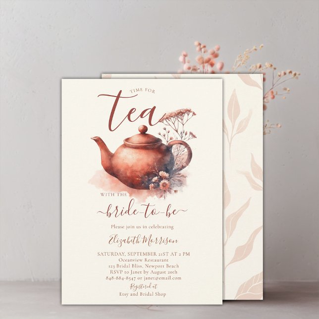 Terracotta WildblommArt Pot Möhippa Tea Shower Inbjudningar (terracotta floral bridal shower tea invitation wildflowers watercolor elegant modern simple boho)