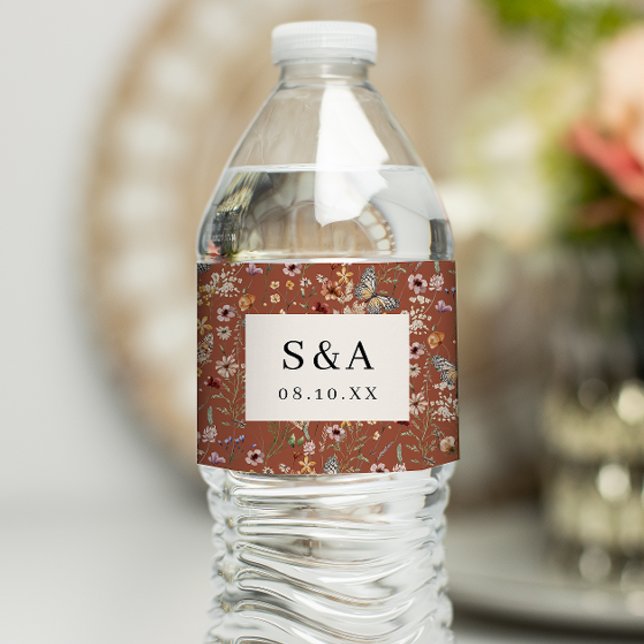 Terracotta Wildblomme Bröllop Vattenflaska etikett (Terracotta Wildflower Wedding Water Bottle Label Monogrammed by Painted Paperie
)