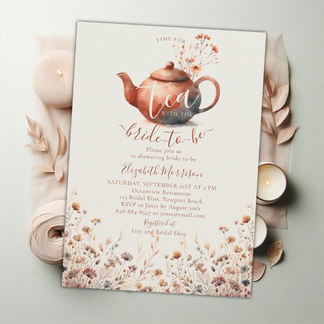 Terracotta WildblommModern Möhippa Tea Shower Inbjudningar (terracotta floral bridal shower tea invitation wildflowers watercolor pattern elegant modern simple )